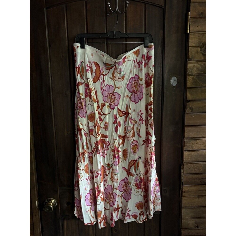 White Floral Midi Skirt T Tahari Size XL Boho Pink Orange A Line Flowy